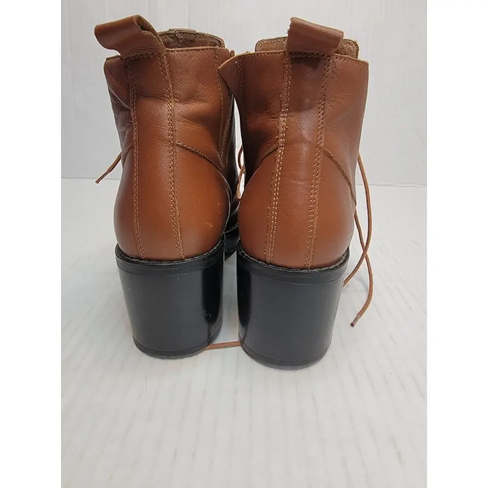 TopShop Booties Sz. 37 6.5 Chunky Heel Cutout Ankle Boots Leather Tan Lace Up